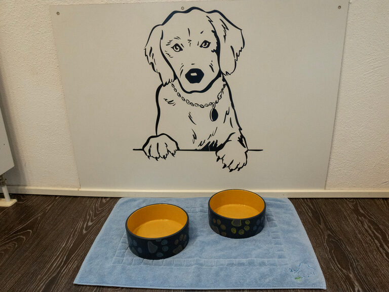 Futternäpfe auf Boden auf Handtuch, Hunde-Karikatur an der Wand dahinter
